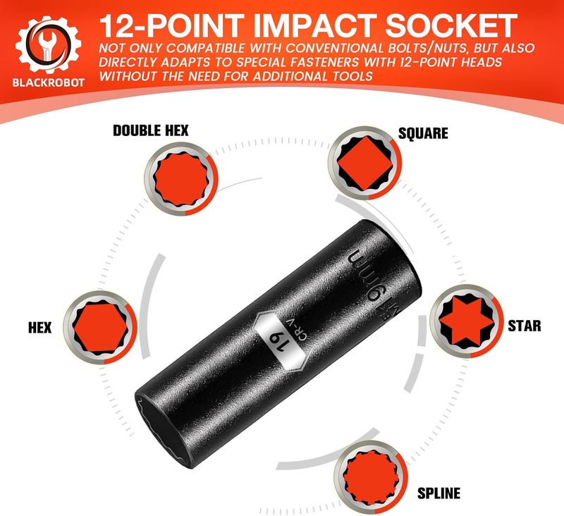 BLACKROBOT 19 mm 12-Point Deep Impact Socket, 1/2 Inch Drive, Metric, Cr-V Steel With Black Manganese Phosphate Coating - Image 3